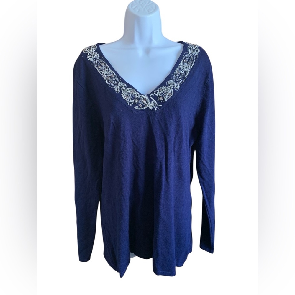 Reba Navy Blue Embellished V-Neck Sweater Size L